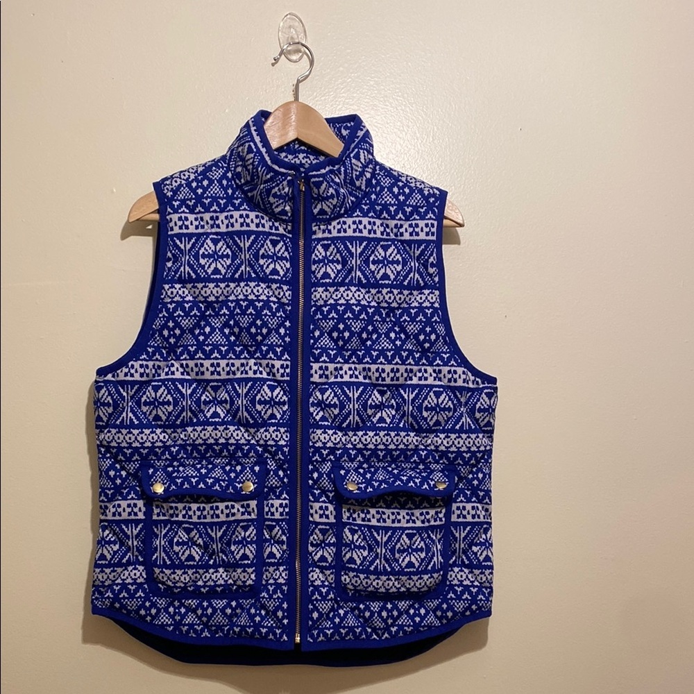 J. Crew Fair Isle Blue & White Quilted Vest. Size L. Style E4865 - Picture 3 of 9